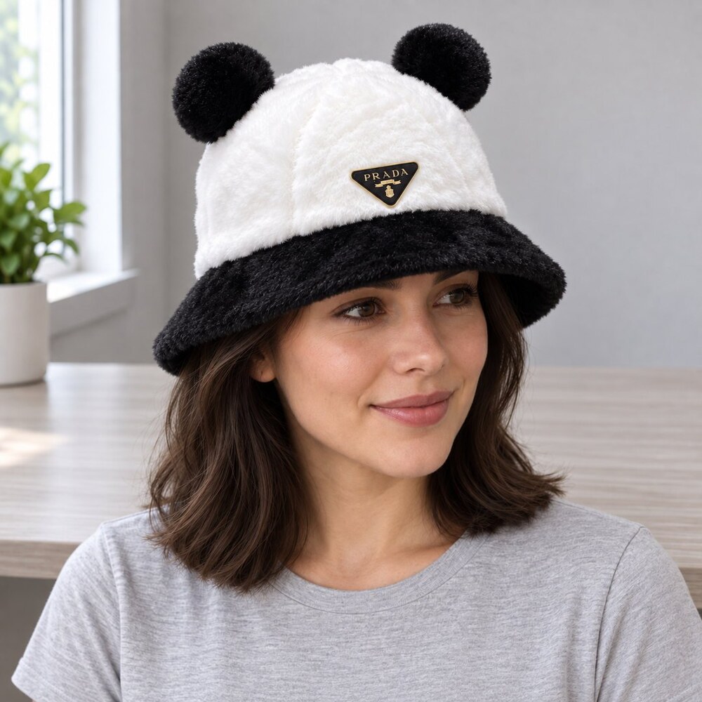 Prada Black White Plush Ear Bucket Hat - Picture 2 of 6
